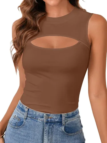 Vista 27 de Vrtige Camiseta sin mangas sexy con cuello redondo para mujer, de punto acanalado, sin mangas, ajustada