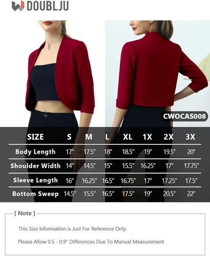 Vista 6 de DOUBLJU Bolero - Chaqueta corta con frente abierto, manga 34, básica, para negocios, casual, para mujer, talla grande
