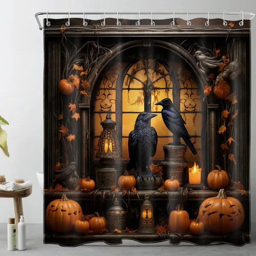 Vista 18 de LB Cortina de ducha de feliz Halloween para baño, flamenco rosa y calabaza naranja con sombrero mágico, cortina de ducha de tela con ganchos, juego