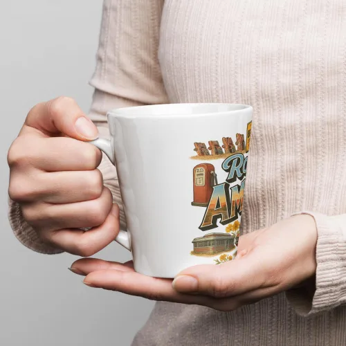 Vista 3 de Amarillo Texas Route 66 Souvenir Latte Mug - 12oz Ceramic Coffee Cup with Vintage Car Design