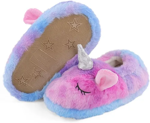Vista 4 de KAKU NANU Pantuflas para niños pequeños con dibujos animados de animales, para niñas y niños, cálidas, de forro polar, para el hogar