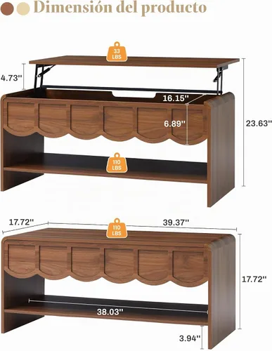 Vista 2 de Mesa de centro elevable con compartimento oculto, mesa central de madera de 2 niveles con panel ondulado, moderna mesa elevadora para el hogar, sala