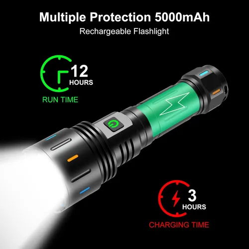 Vista 4 de APLOS Linterna recargable F60 Zoom, 6000 lúmenes, linternas LED súper brillantes, 5 modos de zoomable, impermeable, luces tácticas, linterna