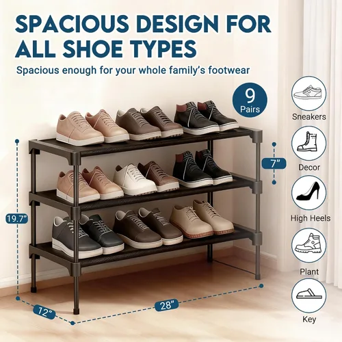 Vista 2 de LOFTEY Zapatero no tejido de 3 niveles, organizador apilable para armario, puerta delantera y entrada, 28 pulgadas de ancho, color negro