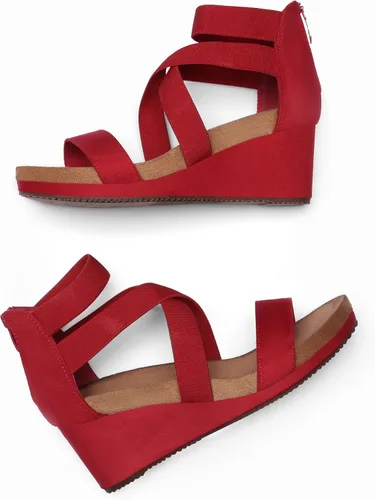 Vista 2 de Dream Pairs - Sandalias de cuña con plataforma y puntera abierta y correa elástica para mujer, Rojo3