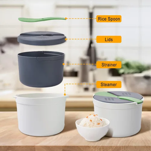 Vista 4 de Arrocera de microondas de 2 litros, utensilios de cocina para microondas con tapa y colador, olla de vapor de arroz para microondas PP de grado