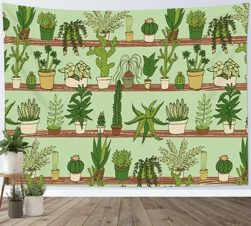 Vista 28 de HVEST Tapiz de cactus con diseño de plantas suculentas del desierto tropical en estante de madera, tapiz para colgar en la pared, acuarela botánica