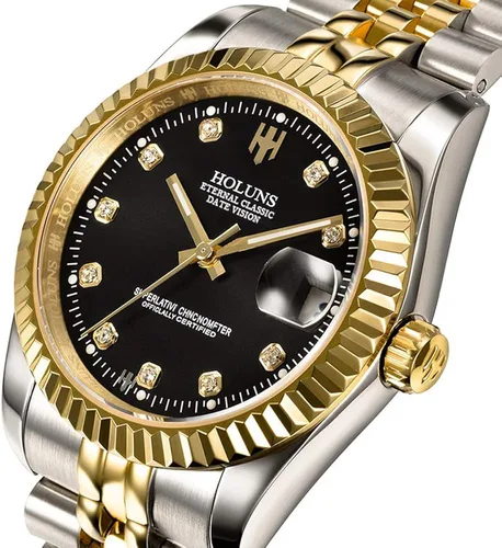 Vista 2 de Reloj de oro completo para hombre, reloj automático, mecánico, de acero dorado, de cuerda automática y cristal de zafiro, resistente al agua