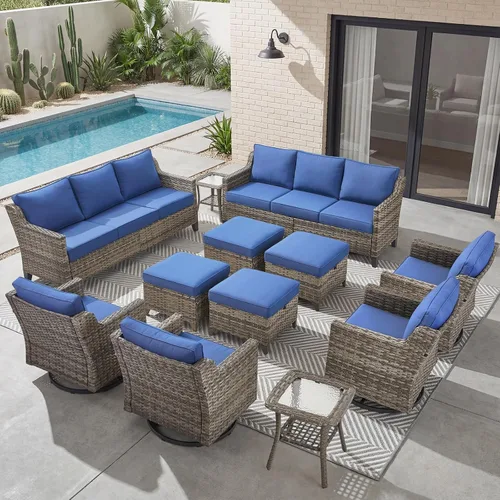 Vista 69 de Belord Sofá de patio exterior acolchado de 3 asientos de lujo de 6 pulgadas Cojín de mimbre marrón/beige de 6 pulgadas