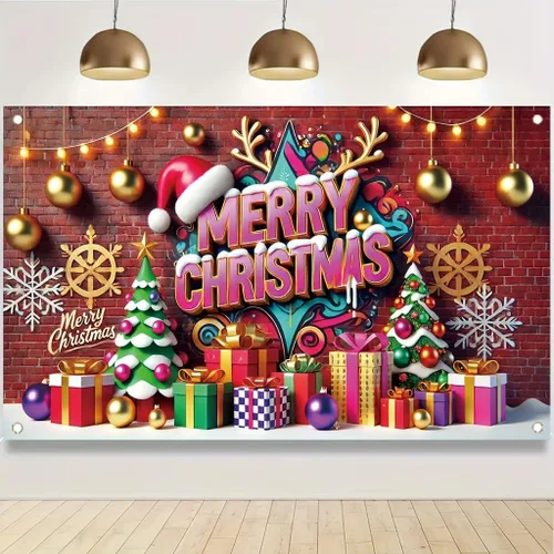 Vista 7 de Cartel de Feliz Navidad de 71 x 43 pulgadas, caja de regalo, adorno de árbol, decoración de fondo de fotografía para fiestas de invierno