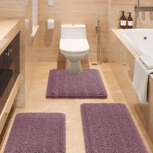 Vista 99 de ACCUMTEK - Juego de alfombras de baño a rayas beige de 3 piezas, ultrasuaves, antideslizantes de chenilla, alfombras de baño mullidas y absorbentes
