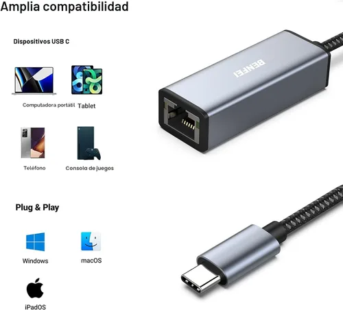Vista 4 de BENFEI Adaptador USB-C a Ethernet, Adaptador de Red LAN Gigabit Ethernet de USB Tipo-C (Thunderbolt 3/4) a RJ45 Compatible con iPhone 15 Pro/Max