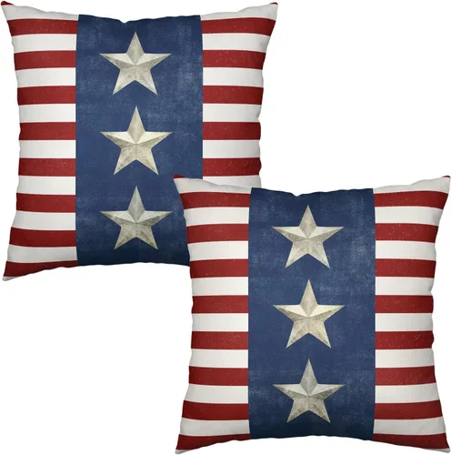 Vista 8 de Juego de 2 fundas de almohada de 16 x 16 pulgadas, diseño patriótico de bandera estadounidense con estrellas para exteriores, estilo casa de campo