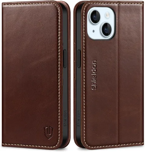 Vista 12 de SHIELDON Funda para iPhone 15 6.1" 2023, Funda Tipo Cartera de Cuero Genuino con [Soporte] [Tarjetero con Bloqueo RFID] [Magnética] Cubierta