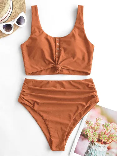 Vista 5 de ZAFUL - Traje de baño estilo bikini de dos piezas con cuello redondo y cintura alta para mujer