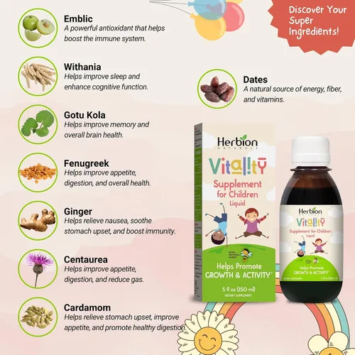 Vista 2 de HERBION Naturals Vitality Suplemento para niños, promueve el crecimiento y el apetito, alivia la fatiga, mejora el rendimiento mental y físico