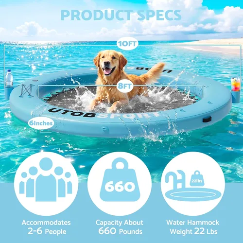 Vista 5 de Inflatable Water Hammock Floating Dock 8FT / 10FT Water Floating Island Raft for Lake Boat Pool Ocean Adults Kids, with W/Cupholder & Pump