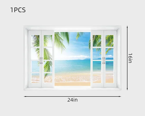 Vista 2 de FLFK Calcomanía de pared falsa para ventana, diseño de vista tropical del océano para despegar y pegar, 24 x 16 pulgadas