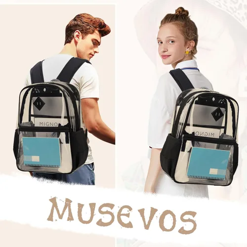 Vista 2 de MUSEVOS Mochila transparente, resistente bolsa de libros transparente para escuela, universidad de PVC transparente aprobado por estadios, Negro