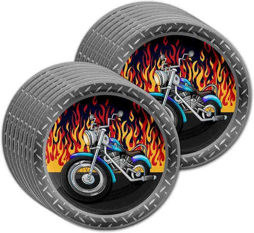 Vista 2 de Juego de suministros para fiesta de cumpleaños de motociclistas, platos, servilletas, vasos, vajilla para 16