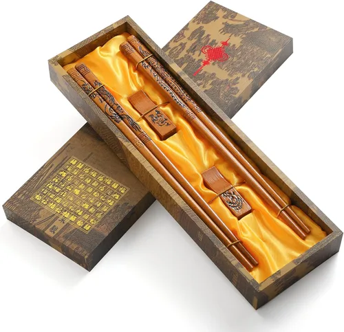 Vista 7 de Palillos reutilizables de estilo chino, palillos de dragón y fénix con soporte y bolsa de transporte, juego de palillos de madera natural (2 pares)