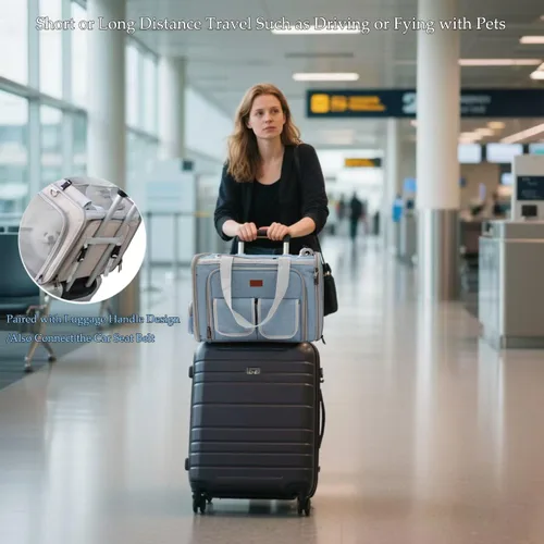 Vista 7 de Transportadores de gatos azul suave para perros, aprobado por aerolíneas, bolsa expandible para cachorros, lados blandos, expandido, bolsa de viaje