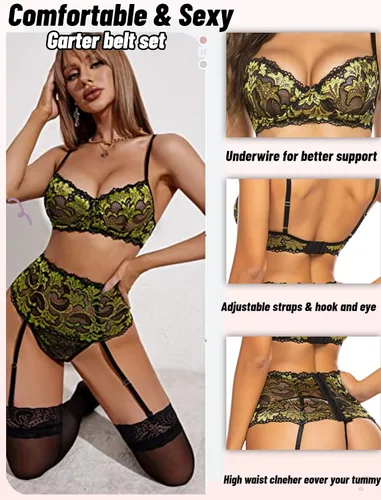 Vista 4 de Avidlove - Conjunto de lencería para mujer de cintura alta, lencería con cinturón, lencería