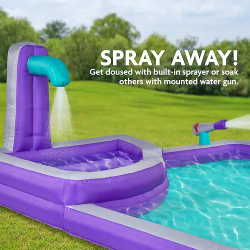 Vista 7 de Sunny & Fun - Parque inflable de cuatro esquinas, resistente para diversión al aire libre, pared de escalada, tobogán y piscina profunda, fácil