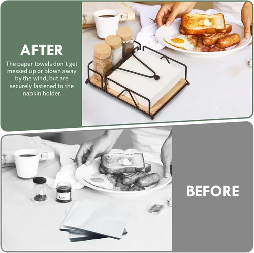 Vista 5 de Juego de 4 servilletas de metal con salero y pimentero, base de madera, moderno servilletero plano para mesa, decoración de mesa de cocina, cóctel