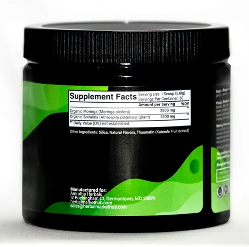 Vista 7 de Espirulina orgánica + polvo de moringa orgánica, sin gluten, apto para veganos, desintoxicante y digerido, superalimentos, 30 porciones fabricadas