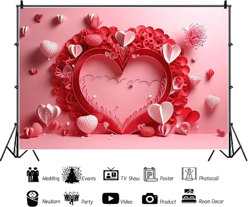 Vista 5 de Telón de fondo para el día de San Valentín de 5 x 4 pies para fotografía, fondo de corazones rosados para amantes, decoración de fiesta de San