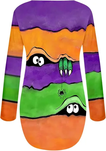 Vista 4 de Camiseta de manga larga con cuello en V para mujer, con estampado de bloques de color, estilo casual, para otoño e invierno