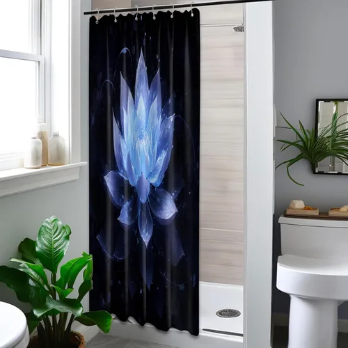 Vista 2 de Cortina de ducha con flores de loto negro y azul para decoración de baño, juego de cortinas decorativas de baño con estampado floral, tela