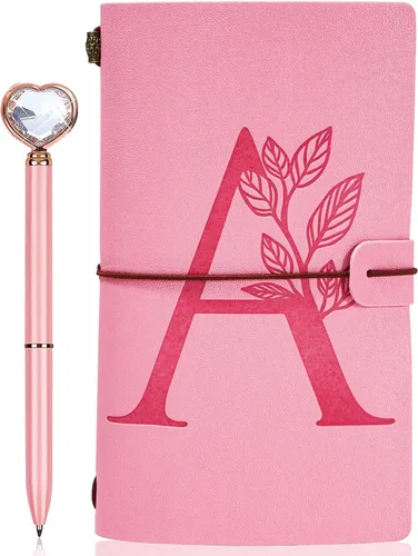 Vista 7 de Diario personalizado para regalo, diario de cuero con inicial rosa + juego de bolígrafo de corazón de diamante, cuaderno de viaje, bloc de notas