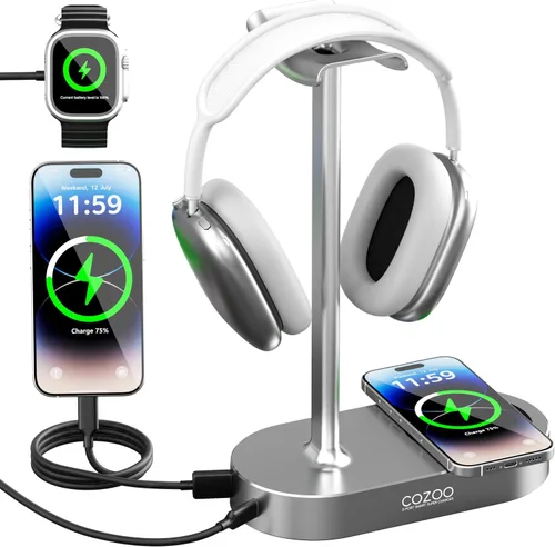 Vista 9 de COZOO Soporte para auriculares con almohadilla de carga inalámbrica rápida y 2 puertos de carga USB, adecuado para juegos, DJ, accesorios