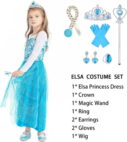 Vista 2 de Elsa Dress Up for Girls - Disfraz de princesa de Anna para niños con corona, varita, guantes para fiestacosplay, boda de 3 a 10 años