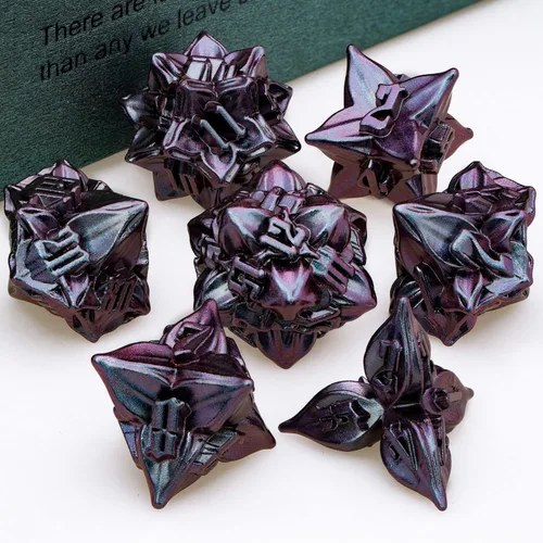 Vista 6 de ARUOHHA juego de dados de metal DND diseño de hoja púrpura, juego de dados poliédricos con caja, 7 piezas de dados D y D para juegos de rol RPG D20