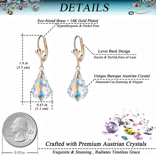 Vista 4 de Aretes de cristal austriaco barroco con cierre de palanca para mujer, joyería hipoalergénica chapada en oro de 14 quilates