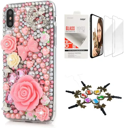 Vista 5 de Sparkle Funda compatible con iPhone 12 – Elegante – 3D hecha a mano con lazo y corona de lazo para llaves, diseño de rosas y diamantes de imitación