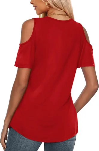 Vista 2 de Amoretu Camisas de manga corta para mujer, con hombros descubiertos, cuello en V, túnica