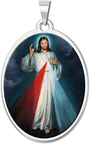 Vista 6 de PicturesOnGold Medalla religiosa ovalada de doble cara Divine Mercy con protección de color, regalos para hombres y mujeres, disponible en oro