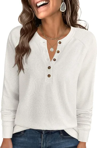 Vista 17 de ANRABESS Camisas de manga larga Henley de punto gofre para mujer Negro