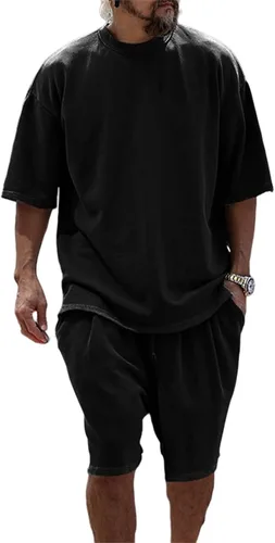Vista 5 de Conjunto casual de 2 piezas para hombre, conjunto deportivo de manga corta, cuello redondo, camiseta y pantalones cortos, conjunto casual de dos