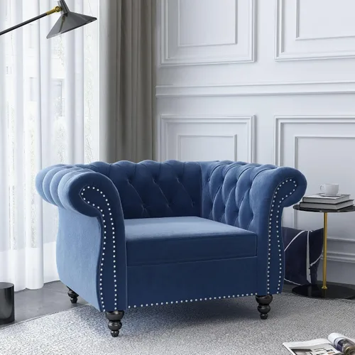 Vista 2 de QHITTY Juego de 2 piezas para sala de estar, Silla Sofá Seccional Chesterfield Contemporáneo Tapizado de Terciopelo Loveseat Juegos de Sofá para Azul