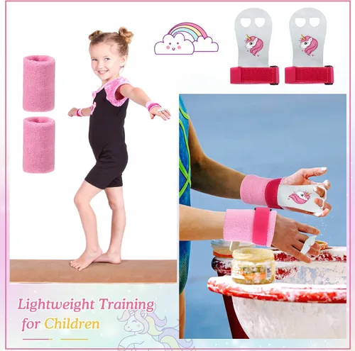 Vista 7 de Skylety Muñequeras deportivas de gimnasia para niños, con bandas rosas para el sudor, equipo de gimnasia, empuñaduras de mano para niñas, niños