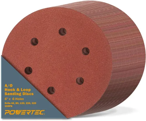 Vista 13 de POWERTEC Grano 40, paquete de 25, discos de lijado de 6 pulgadas – Gancho y bucle, almohadillas de lijadora orbital de óxido de aluminio de 6