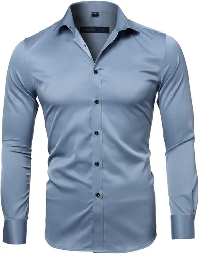 Vista 3 de FLY HAWK Camisas de vestir para hombre, ajuste delgado, manga larga, elástica, fibra de bambú, con botones