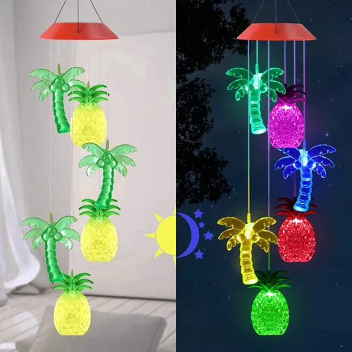 Vista 6 de Solawindchime Campanillas de viento de piña, árbol de coco, regalos para mujeres, campanillas de viento solares que cambian de color, luces solares