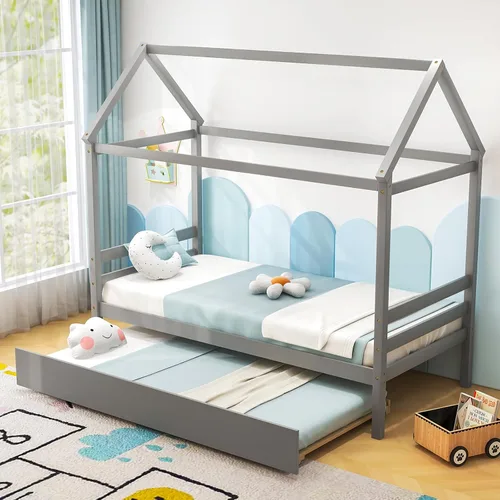 Vista 13 de KOMFOTT Cama de madera de tamaño individual con 2 cajones, marco de cama de madera con almacenamiento en cubos y rieles de valla, plataforma de Gris