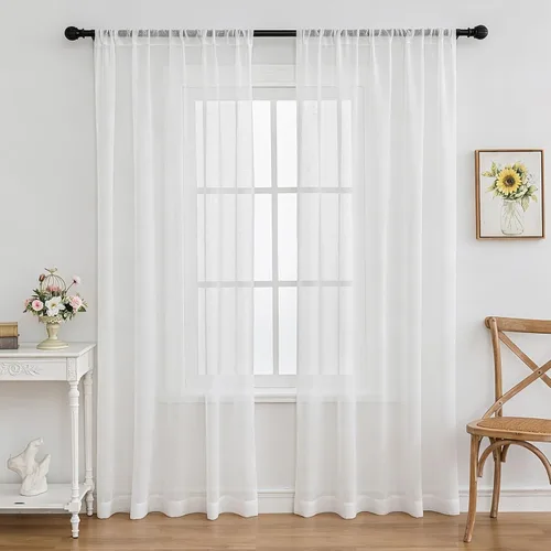 Vista 9 de Cortinas plisadas negras traslúcidas de 84 pulgadas de largo, 2 paneles para dormitorio, lino texturizado, ganchos transparentes para pista